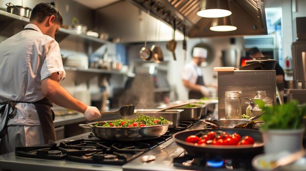 Foto el chef lleva un abrigo blanco y guantes y está usando una espátula grande para agitar las verduras