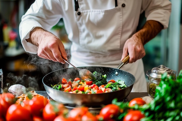 Un chef magistral prepara una vibrante mezcla de verduras en una cocina bulliciosa durante las horas de la noche