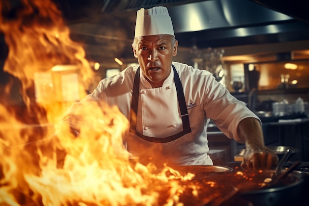 un chef manejando hábilmente una parrilla en llamas