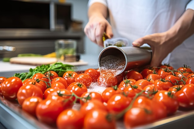 Chef manipulando tomates en una bandeja