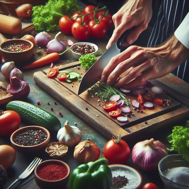 Un chef con la mano cortando verduras en una mesa con un cuchillo