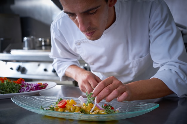 Chef manos guarnición de plato de verduras