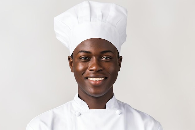Chef masculino afro-americano jovem adulto pose de sorriso amigável