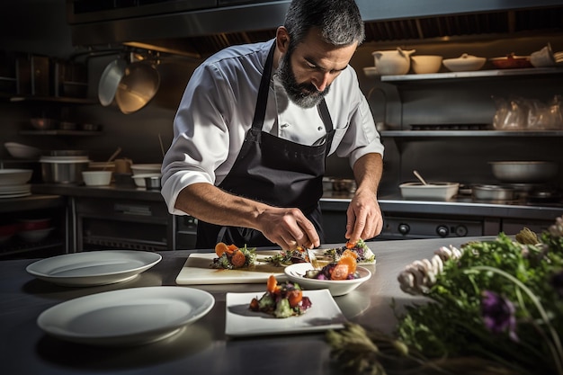 Chef masculino barbudo em avental preto uniforme branco criando pratos veganos gourmet com alimentos frescos e saudáveis
