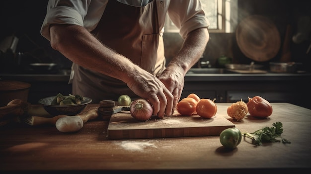 Chef masculino caucasiano de meia-idade cortando legumes na cozinha generativa AI AIG22