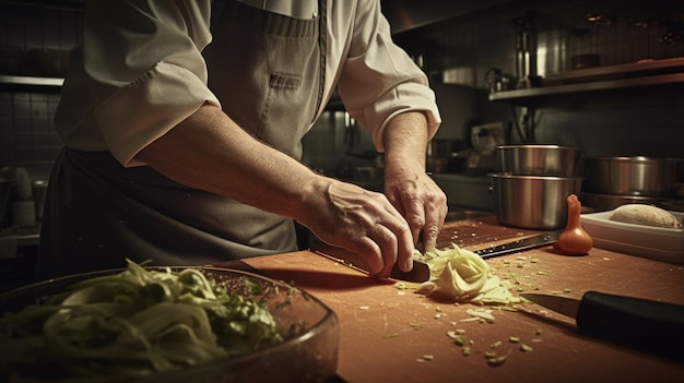 Chef masculino caucasiano de meia-idade cortando legumes na cozinha generativa AI AIG22