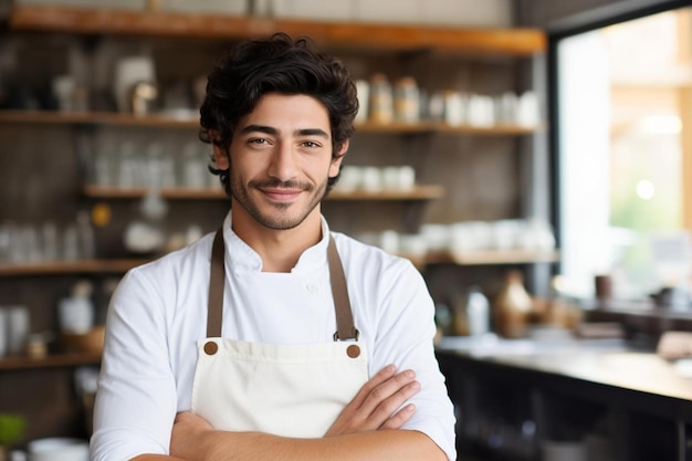 Chef masculino caucasiano jovem adulto pose de sorriso amigável