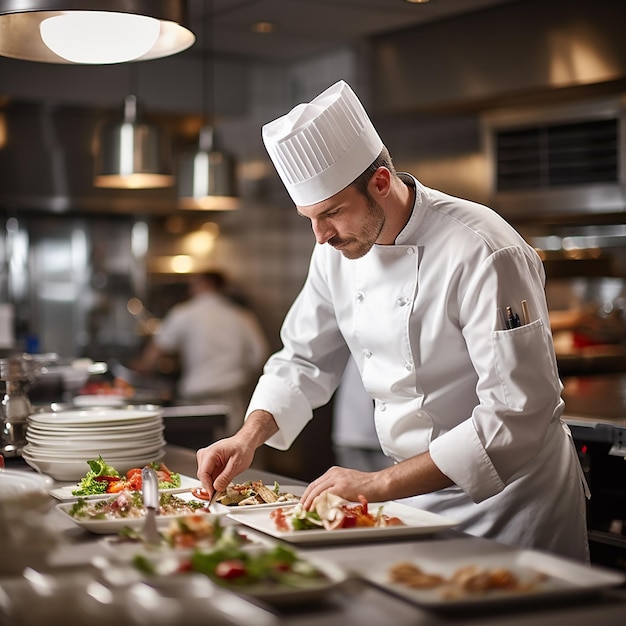 Chef masculino chapeando comida no prato enquanto trabalhava na cozinha comercial