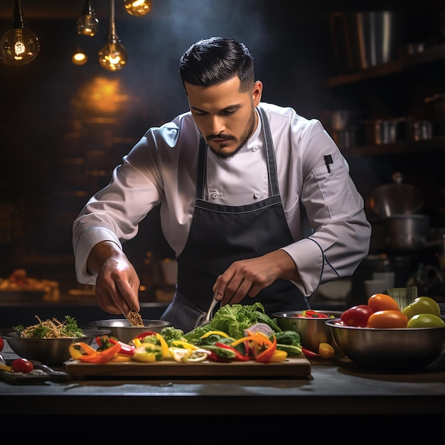 Chef masculino chapeando comida no prato enquanto trabalhava na cozinha comercial