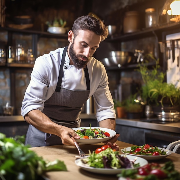 Chef masculino chapeando comida no prato enquanto trabalhava na cozinha comercial