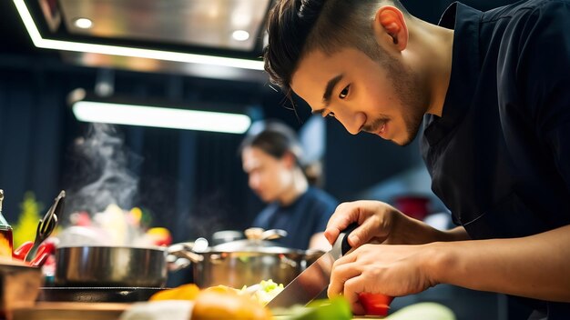 Chef masculino en la cocina cocinando de cerca