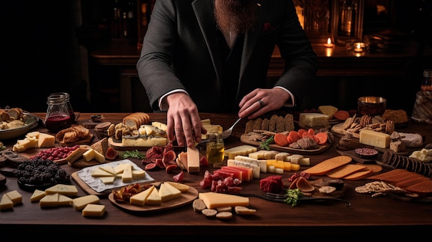 chef masculino en la cocina con una variedad de diferentes tipos de quesos