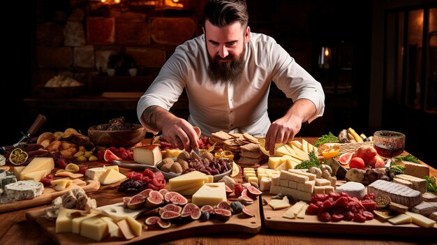 chef masculino en la cocina con una variedad de diferentes tipos de quesos