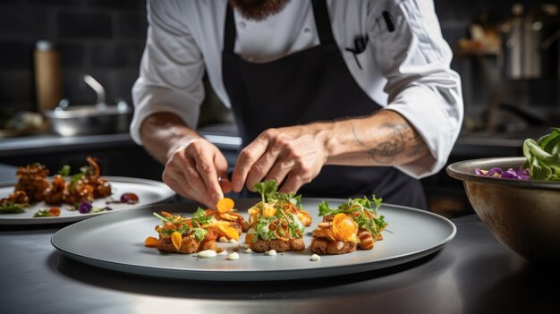 Chef masculino colocando comida en un plato mientras trabaja