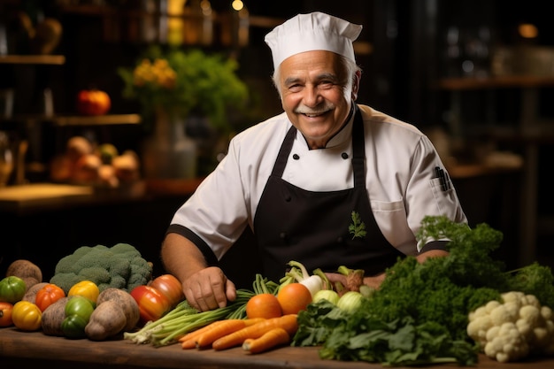chef masculino com legumes verdes em um restaurante