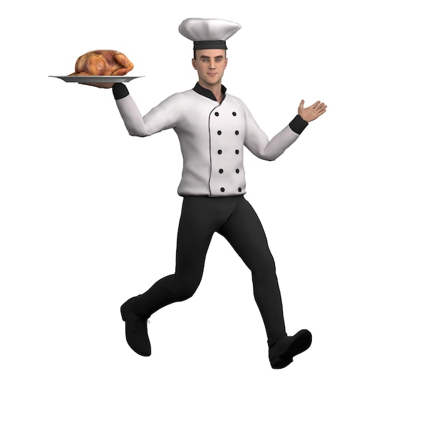 Un chef masculino corre mientras la mano izquierda lleva un plato de pollo mientras la mano derecha está ligeramente levantada agitando