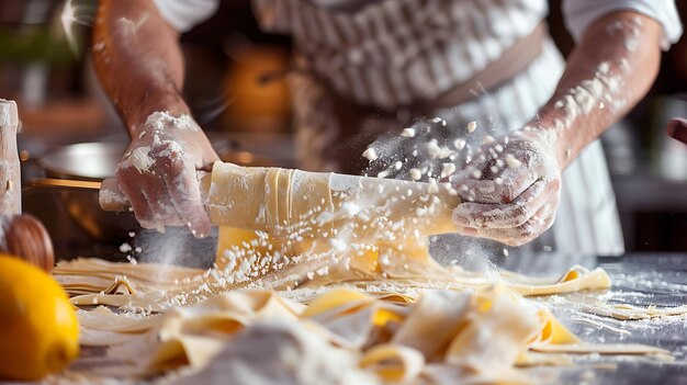 Chef masculino de uniforme branco fazendo pasta fresca na cozinha Ele está rolando a massa com um rolo