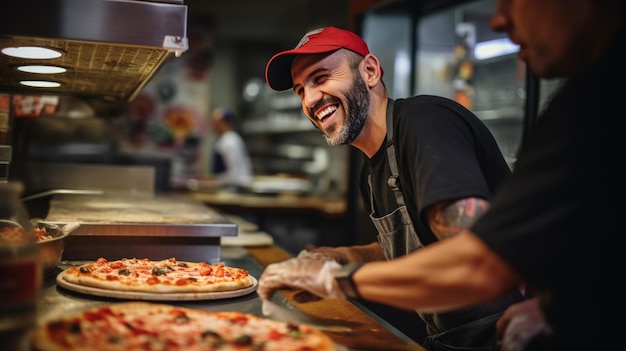 Chef masculino hace pizza en un restaurante