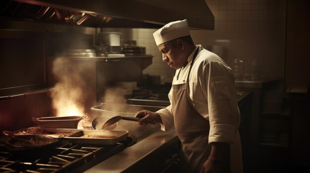 Foto chef masculino hispânico de meia-idade cozinhando no fogão na cozinha do restaurante generative ai aig22