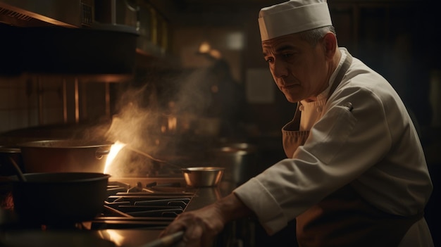 Chef masculino hispano de mediana edad cocinando en la estufa en la cocina del restaurante AI generativa AIG22