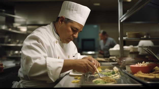 Chef masculino hispano de mediana edad preparando ingredientes en cocina comercial AI generativa AIG22