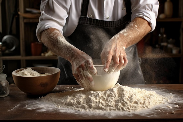 Chef masculino mezclando harina y huevos para la masa con un batidor en las manos