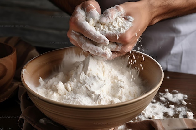 Chef masculino misturando farinha e ovos para a massa com batedor nas mãos