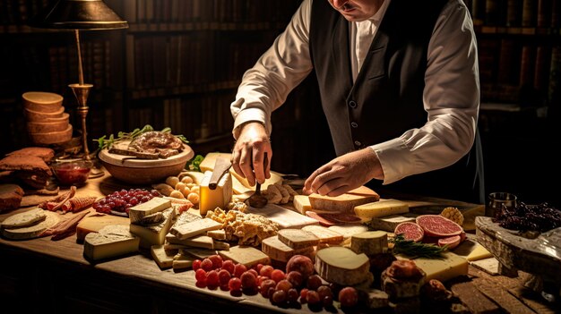 chef masculino na cozinha com uma variedade de diferentes tipos de queijos