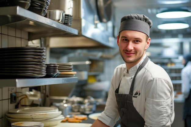 un chef masculino de pie en una cocina comercial