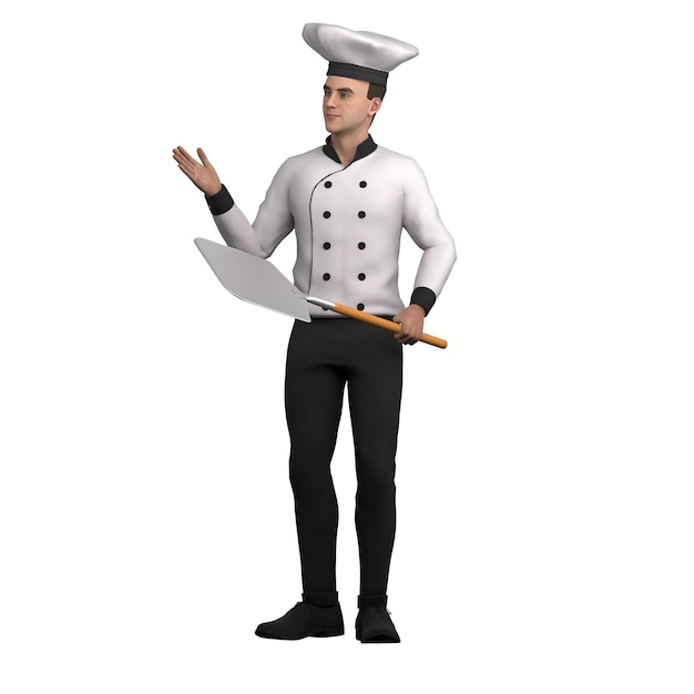 Un chef masculino de pie sosteniendo una pala de pizza mientras da una explicación o instrucción Profesional