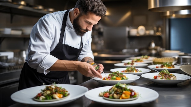 Chef masculino plateando comida en un plato o preparando comida en la cocina del restaurante
