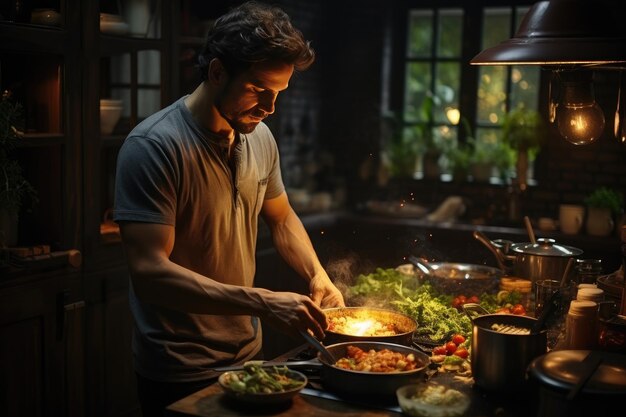 Chef masculino prepara un delicioso plato saludable