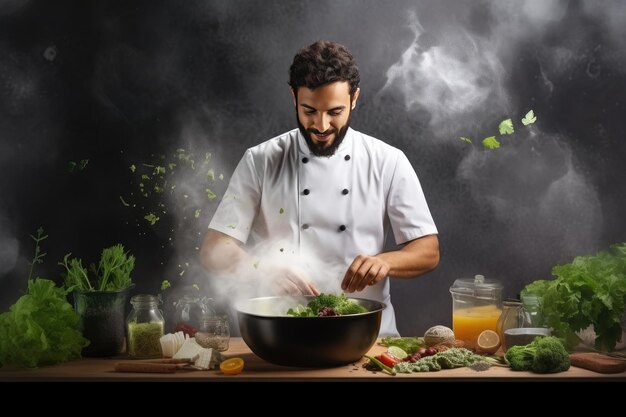 Chef masculino prepara um delicioso prato saudável