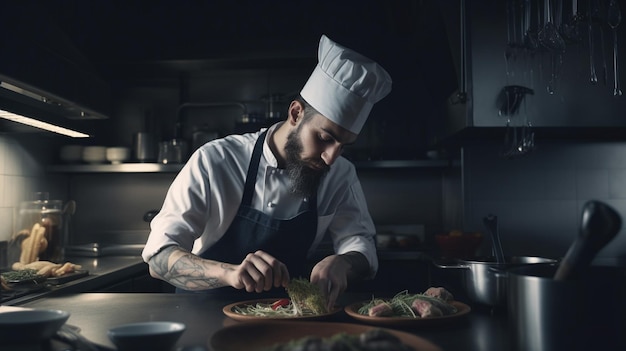 Chef masculino preparando comida en la cocina IA generativa