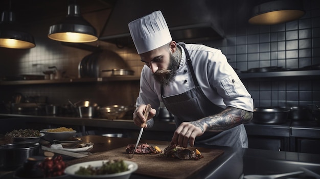 Chef masculino preparando comida en la cocina IA generativa