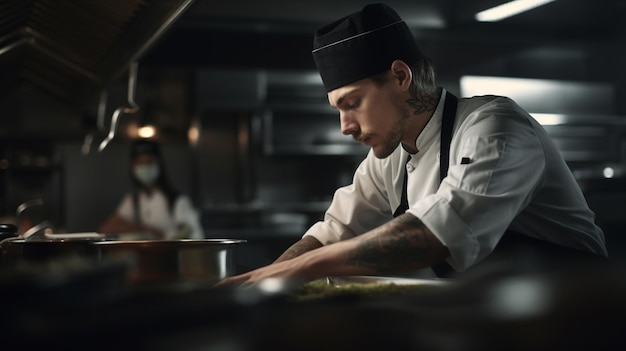 Chef masculino preparando comida na cozinha Generative AI