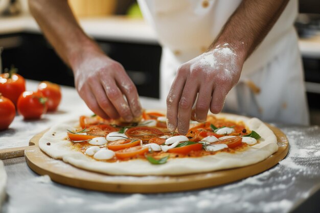 Chef masculino preparando pizza en la cocina de cerca de las manos