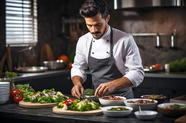 Chef masculino preparando um prato vegetariano em uma cozinha profissional