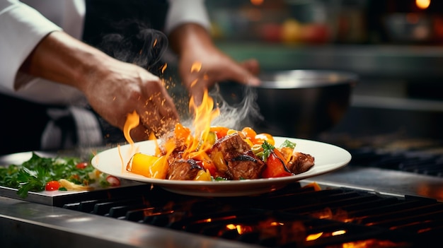 Foto chef masculino profesional preparando comida para trabajar en el restaurante