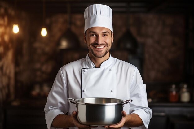 Chef masculino segurando sopa em uma panela em uniforme branco e parecendo feliz