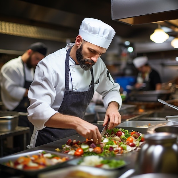 Chef masculino sirviendo comida en un plato mientras trabaja en una cocina comercial