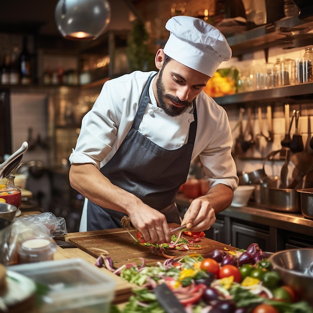 Chef masculino sirviendo comida en un plato mientras trabaja en una cocina comercial