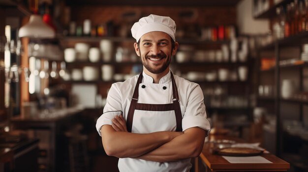 Foto chef masculino en un sombrero de chef con los brazos cruzados usa un delantal de pie en la cocina del restaurante