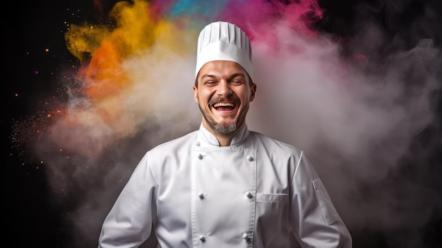 Chef masculino sorridente em uniforme branco tradicional