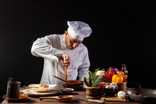 Chef masculino en uniforme blanco prepara espaguetis con verduras en el plato