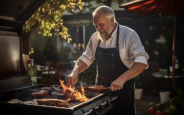Chef de mediana edad cocinando al fresco