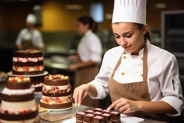 Chef mestre chocolatier feminina trabalhando em laboratório de chocolate profissional artesanal AI Generative