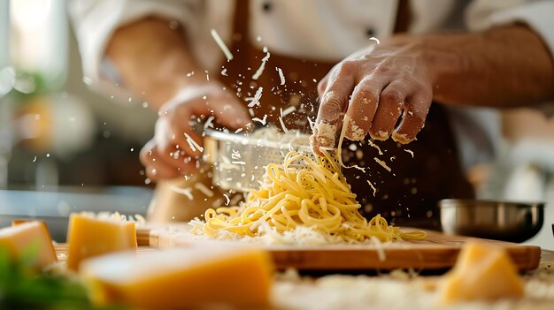 Foto un chef se muestra en medio de la preparación de un delicioso plato de pasta. está añadiendo los toques finales al plato rastrillando queso por encima.