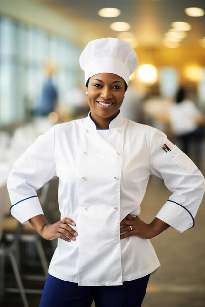 Chef mujer afroamericana adulto joven sonrisa amigable pose