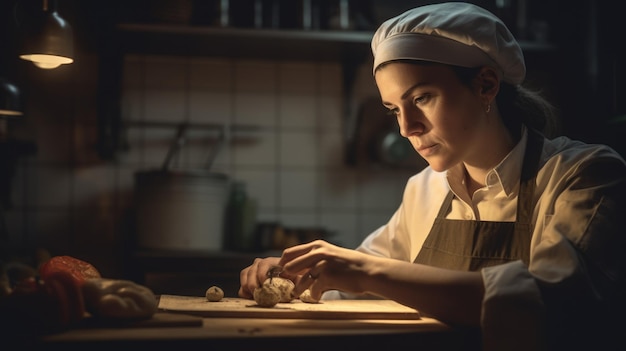 Chef mujer caucásica de 50 años preparando ingredientes en la cocina del restaurante AI generativa AIG22